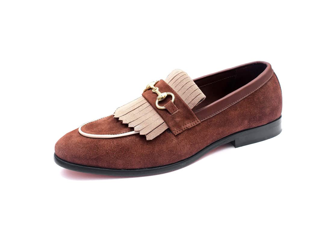 Lorikeet Handcrafted Men's Square B. Brown Suede Leather Frings Loafers with Rubber Sole