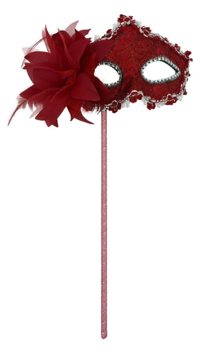 Women's Masquerade Masks Side Feather Flower Petal Hand Held Lace Mask with Stick,(Red) โ image 1
