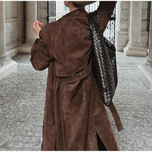 utcoco Womens Faux Suede Long Trench Coat Notched Lapel Double Breasted Pea Coat Overcoat with Belt3
