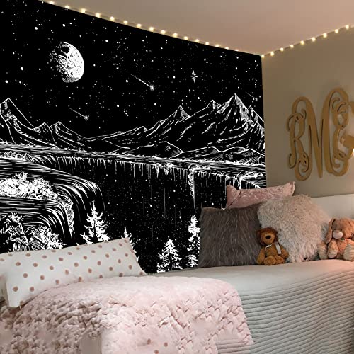 Simpkeely Black and White Tapestry Starry Night Tapestry Mountain Moon Stars Wall Hanging Tapestries for Bedroom Living Room - Image 2