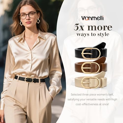 Image of VONMELLI 3 Pack Women's Belts for Jeans Pants Fashion Gold Buckle Ladies Dress Belt