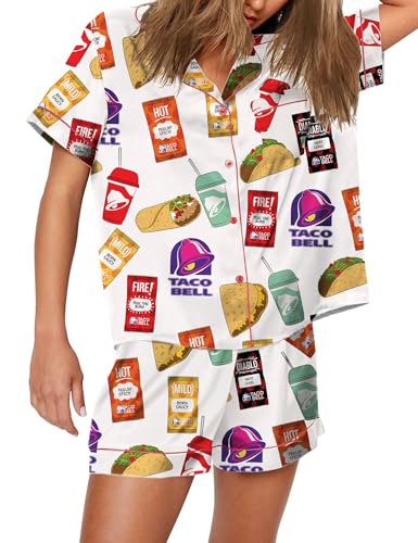 Womens Button Down Pajama Sets Soft Button Down Loungewear 2 Piece Outfits Funny Satin Pjs Shorts Set XXS-XXXL