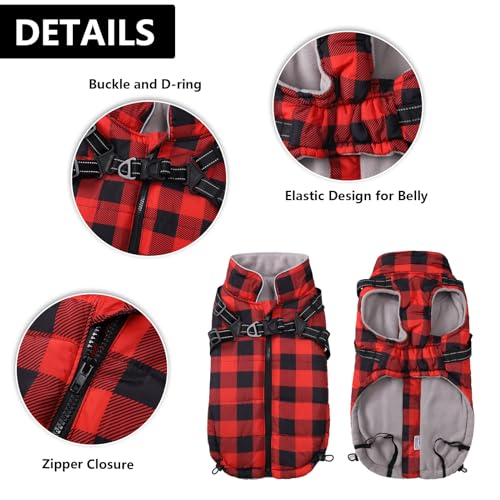 Ctomche Plaid Dog Coat - Warm Fleece Jacket for Cold Weather Waterproof with Reflective Harness for Small to Large Dogs - Red-Large - Image 2
