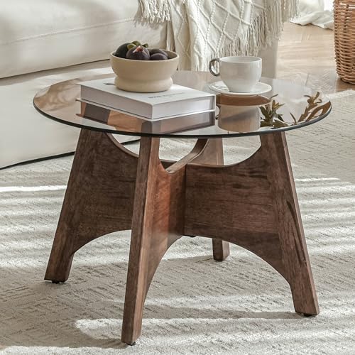 Cagnolier Table Basse Ronde en Verre Trempé et Bois Massif Noyer,Design Contemporain Pieds de Table en Forme de Croix Originaux.60x60x43 cm (Grande Taille)