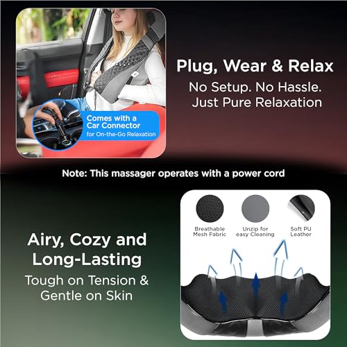 Image of Dr Physio USA 1047 Shiatsu Electric Neck and Back Massager Machine with Infrared Kneading Nodes for Cervical Neck, Shoulder, Back & Body Muscle Pain Relief