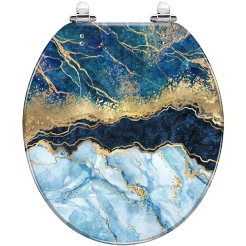 Round Toilet Seat abstract blue marble fake stone texture liquid paint gold glitter Resin Toilet Seat Slow Quiet Close with Quick-Release Hinges Toilet Seat with Cover Easy to Clean Install