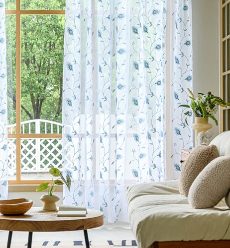 Image of Floral Embroidery Sheer Curtains Blue 95 Inches Long, Window Treatments Rod Pocket Drapes for Living room, Bedroom, Semi Crinkle Voile Curtain Panels for Yard, Patio, Villa, Parlor, Set of 2, 52 inchx95 inch.