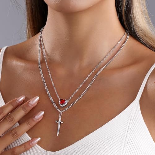 Image of figurine Gothic Jewellery, Friendship Necklace, Matching Necklace, Red Heart Pendant Collarbone Chain for Women and Girls
