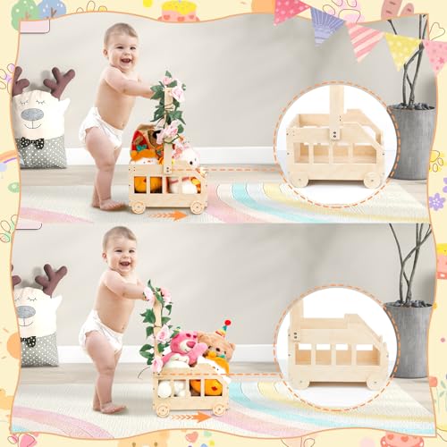 Babyshower cadeau met handvat, wikkelmand met houten wielen, kinderen, houten babyshower, cadeau, houten kist, cadeau voor babyshower, mand voor geschenken, baby met decoratieve bladeren, houten - Afbeelding 3