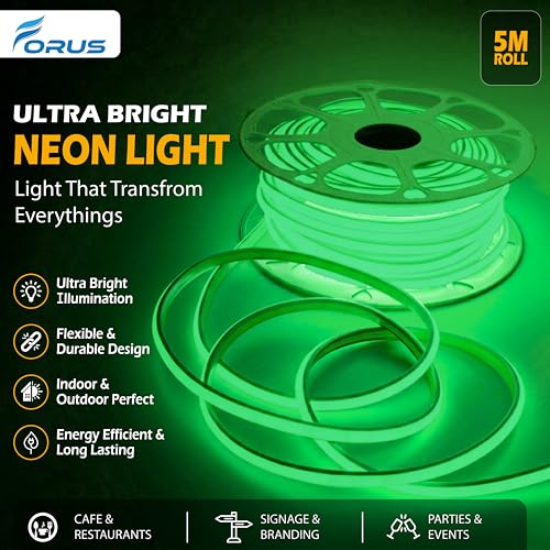 Image of Forus 5M LED Neon Strip Light Green, 240 LEDs /M High Brightness COB Neon Rope Light, Waterproof IP65 Flexible Silicone Strip, Cuttable LED Light for Home, Bedroom, Wall Decor, Shop, Festival Lighting
