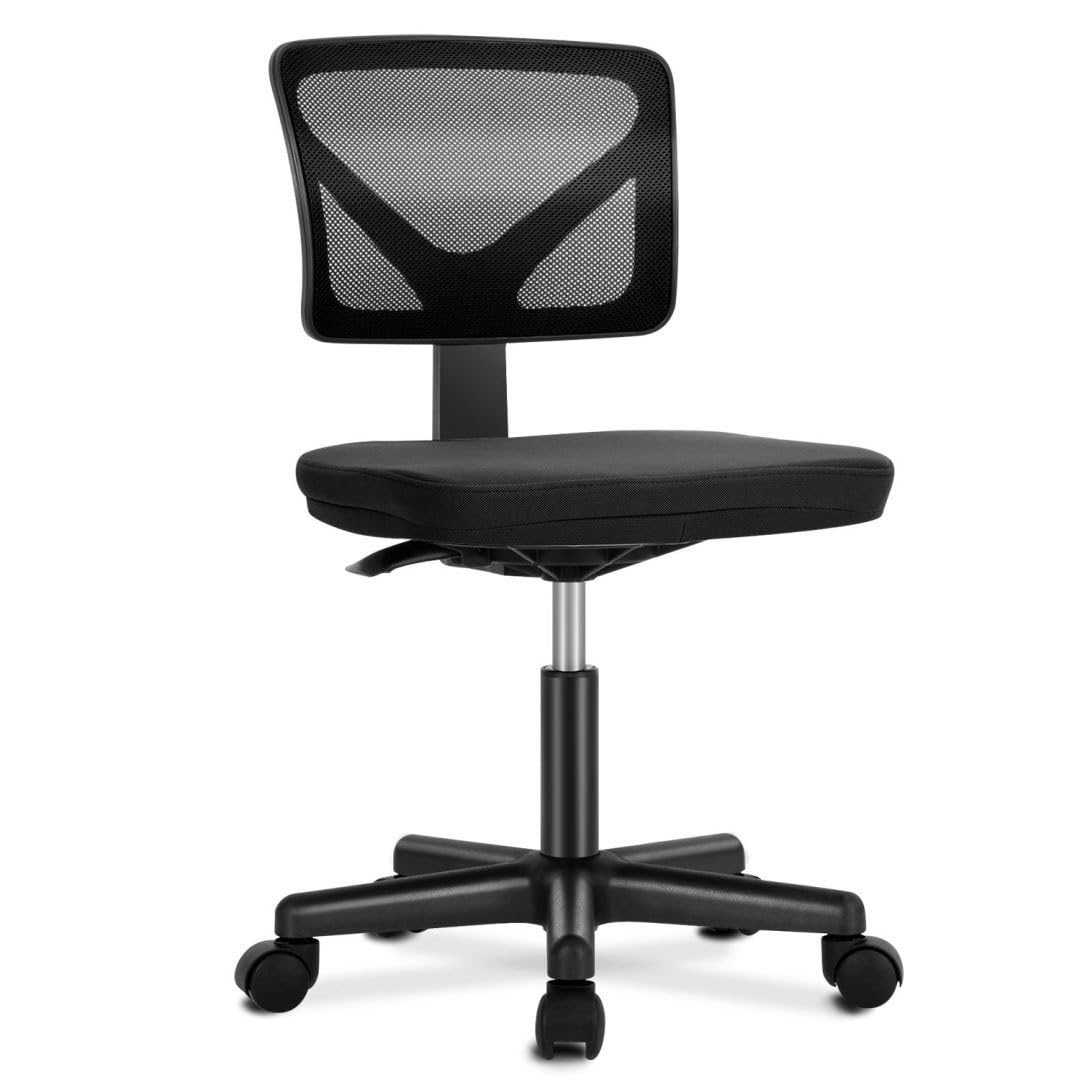 Armless Mesh Office Chair, Ergonomic Low Back Deskchair, Adjustable Rolling Task Computer Swivelchairs for Small Spaces Home Bedroom Study, Black
