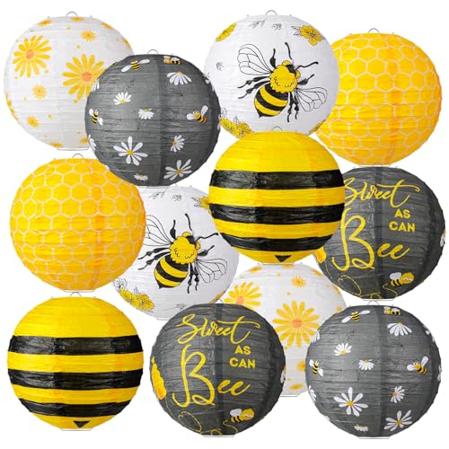 Panelee 12 Pcs Bee Paper Lanterns Party Decorations 8 Inch Hanging Round Hanging Paper Party Decorations for Holiday Indoor Outdoor Supplies