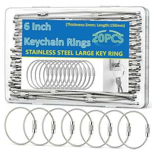 Image of 20 Pack Key Chain 6 inch Keychain Rings 2mm Stainless Steel Large Key Ring for Key Tags,Keyrings, Luggage Tags,ID Tag Keepers,Car Keys Wire Keychain Cable Packed in Box