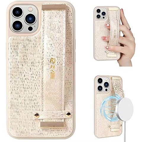 ZVEdeng Designed for iPhone 12 Pro Max Case, Magsafe Case with Stand Magnetic Cover Work with Wireless Charger Hand Strap Leather Kickstand Cover for iPhone 12 Pro Max 6.7'' 2020- Lizard Skin Beige Cover