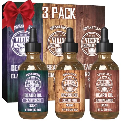 Viking Revolution Beard Oil for Men 3 Pack - Natural Mens Beard Oil Variety Set - Sandalwood, Pine and Cedar, Clary Sage Scents - Beard Conditioning and Moisturizing for a Healthy Beard (3 Pack, 1oz)
