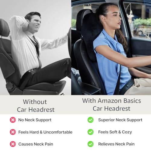 Image of Amazon Basics Memory Foam Filled Cotton Car Neck Rest Pillow|Ergonomic Design|Neck,Shoulder Pain Relief|Driving & Travel Comfort|Washable Cover|1 Year Warranty | Black| 40x30x15 cm
