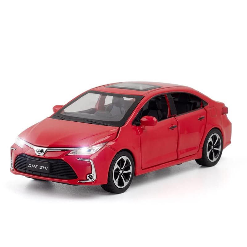 Image of Kids Model 1:32 Corolla Die Cast Metal Car Pull Back Action Opening Doors with Realistic Engine Sound Lights Toy Car Gift for Boys - Red