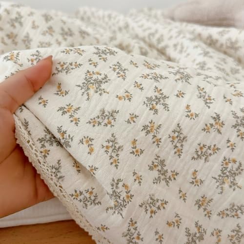 Image of BuLuTu Muslin Kids Quilt Soft Breathable Toddler Girls Boys Twin Bed Comforter, Vintage Floral Quilted Blankets with Lace Edges, Osmanthus Print, 60x78 Inches, Machine Wash