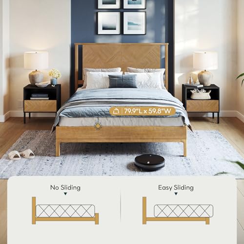 Image of Bme Ethan Queen Bed Frame with Diamond Headboard, Mid Modern, Solid Acacia Wood, No Box Spring Needed, Fits All Mattresses, Rustic Seadrift