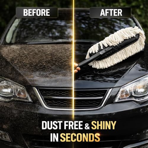 Image of Microfiber Car Duster with Handle, Wax-Coated Cotton Strands Cleaning Brush with Storage Cover (Wax Coated)