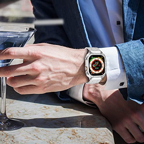 Image of MioHHR Stainless Steel Band and Case Compatible with Apple Watch Band 49mm | Men Metal Protective Bumper Cover with Straps for iWatch 49mm Series Ultra 3, Ultra 2, Ultra, Silver Pattern