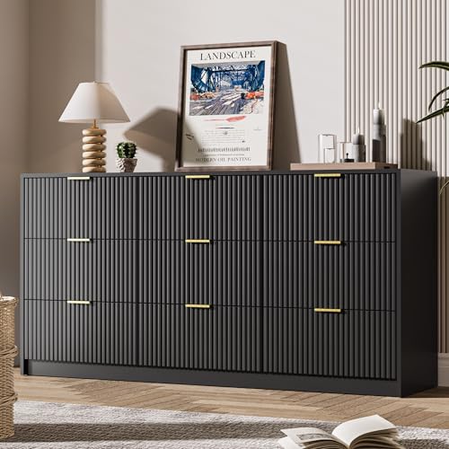 Image of MAISONARIA Black 9 Drawer Dresser for Bedroom, 63 inch Wide Modern Fluted Dresser with Gold Metal Handles, Chest of Drawers for Bedroom, Living Room, Entryway, Hallway