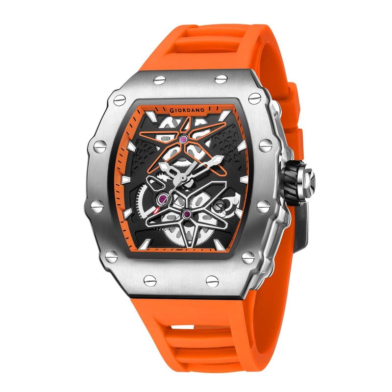 Giordano Analog Skeleton Dial Watch for Men – Tonneau Case, Silicone Strap, Open-Gear Sport Design, Quartz Movement - GZ-50188-55