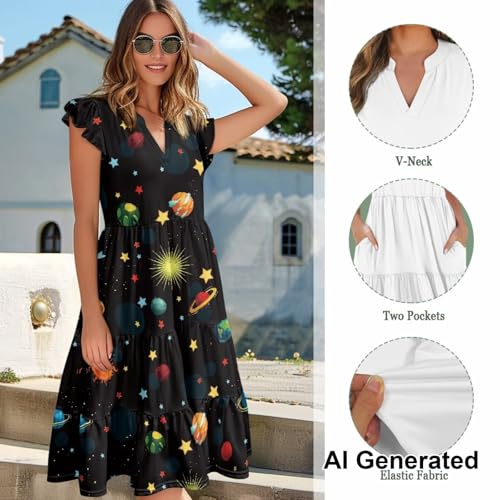 Image of Womens Summer Dress Ruffle Sleeve V Neck Dress Casual Fit Flowy Beach Vacation Sundress with Pocket S-2XL