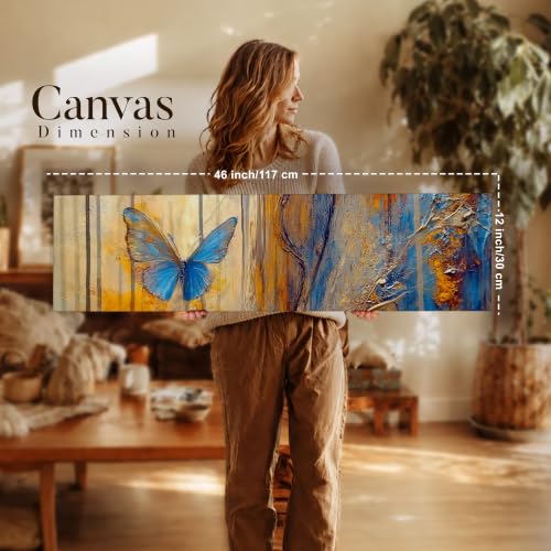 Image of Large Stretched Canvas Painting, Panel Wall Painting Abstract Blue Butterfly Luxury Paintings for Home Decoration, Living room, Bedroom and Office Decor (Blue, 12x46 Inch)