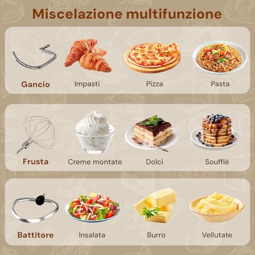 Avilia - Planetaria Silenziosa Multifunzione 1500W con Ricettario e Accessori Inclusi, Ideale per Impasti Dolci e Salati, Mixer con 10 Velocità e Funzione Pulse, Ciotola Acciaio 5L (Rosso) - immagine 3