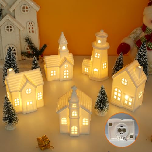 Luxstyra 11Pcs White Ceramic Christmas Village Houses with Timer - image 1