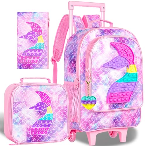 CCJPX 3Pcs Kids Rolling Backpack for Girls, Mermaid Roller Wheeled Bookbag Toddler Elementary School Bag with Wheels - Pink