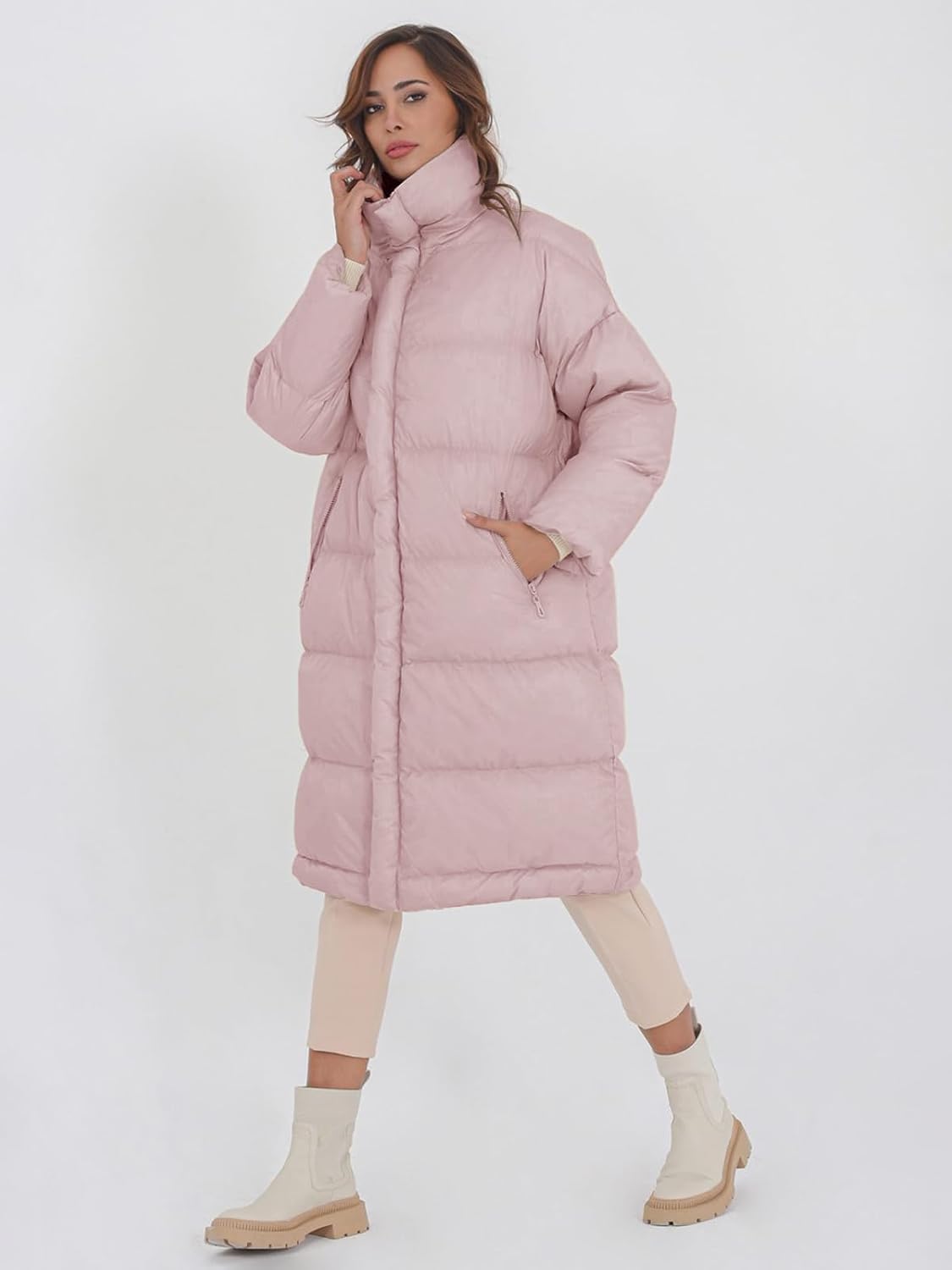 Fazortev Women's Long Puffer Jacket Stand Collar Zip Baggy Down Coats with Side Pockets Outwear - Image 2