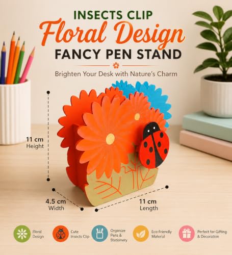 Image of GOLD LEAF Wooden Pen Stand with Photo Frame DIY Craft Kit for Kids, Multicolor Birthday Return Gifts, Desk Organizer, Paintable Wooden Pencil Holder, Pack of 6 (Insects)