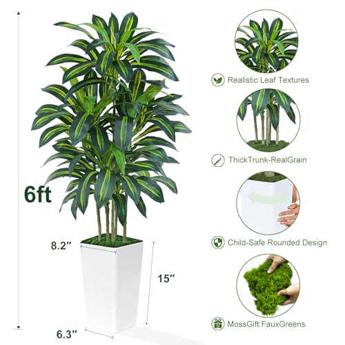 Image of 6FT Artificial Dracaena Tree - High-Density Foliage Fake Plant with White Tall Planter - Faux Yucca Floor Plant for Home Office Decor Indoor
