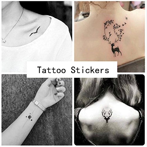INHDBOX [20 Sheet] Temporary Tattoos Paper, Body Art Make up for Women Fake Tattoo Sticker- Lovely English Words/Feather/Elk/Cat/Tree/Flower and more