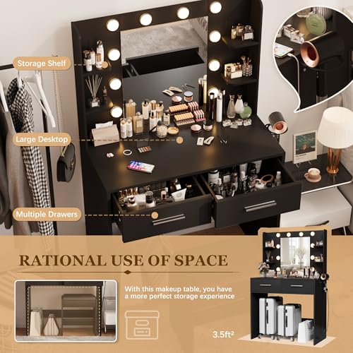 Image of Furmax Make up Vanity Desk with Mirror and Power Outlet, Vanity with 3 Color Light Options Adjustable Brightness,Vanity Desk with 2 Drawers, 6 Storage Shelves (Black, with Bench)
