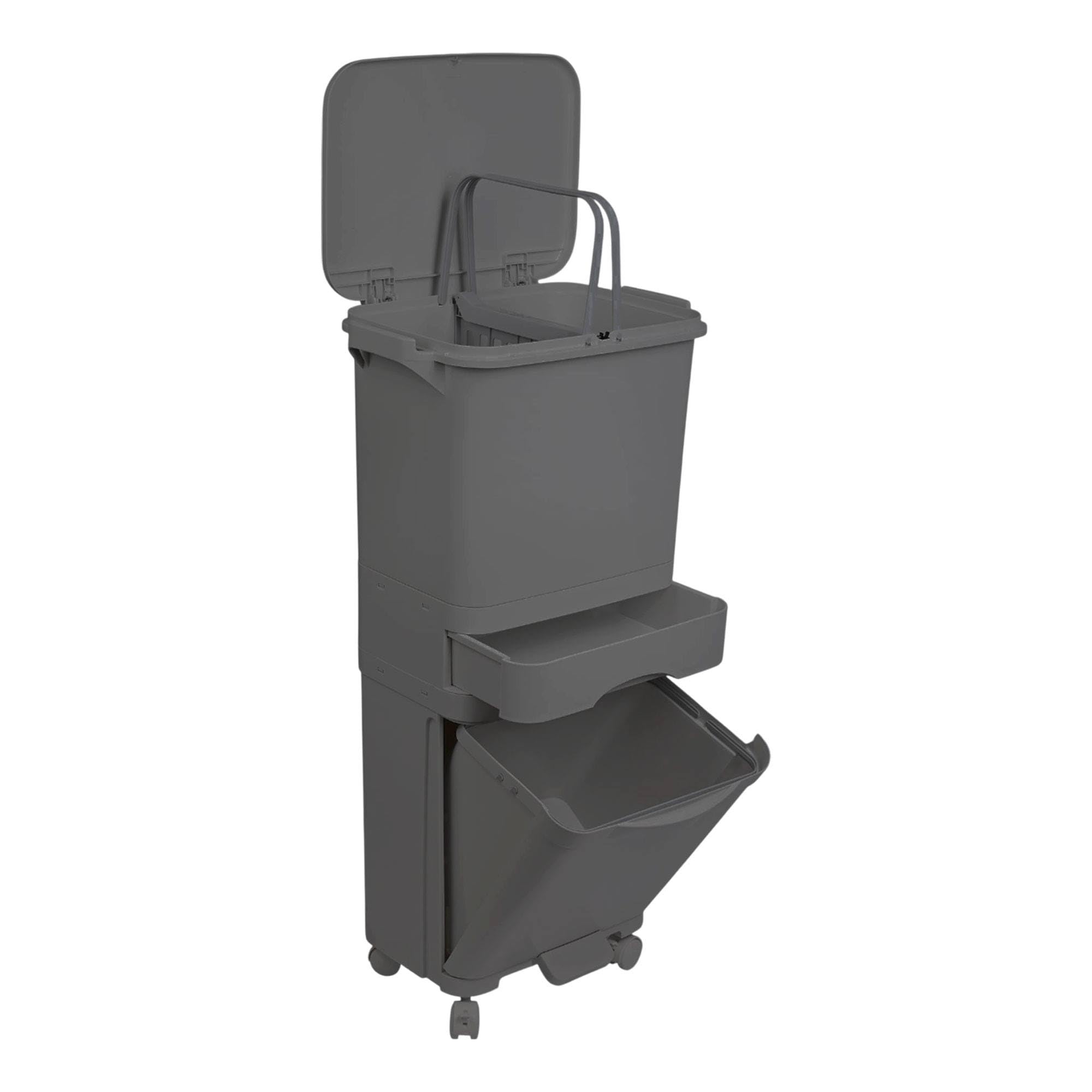 Papelera de reciclaje de clasificación selectiva con pedal, ruedas y asa de triple compartimento de 42L (24L + 4L + 14L) gris antracita