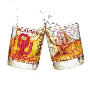 University Of Oklahoma Whiskey Glass Set (2 Low Ball Glasses) – Contains Full Color Oklahoma Sooners Logo & Campus Map – Boomer and Sooner Gift Idea for College Grads & Alumni – Glassware
