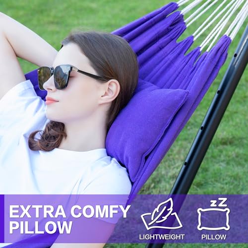 Image of PNAEUT Double Hammocks with Stand for Outside, Portable Space Saving Heavy-Duty Steel Stand for Indoor Outdoor Patio with Carrying Bag, 450 lbs Capacity (Purple)