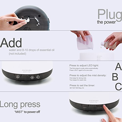 ASAKUKI 500ml Premium Essential Oil Diffuser, 5 In 1 Ultrasonic Aromatherapy Fragrant Oil Vaporizer Humidifier, Purifies The Air, Timer and Auto-Off Safety Switch, 7 LED Light Colors - Image 7