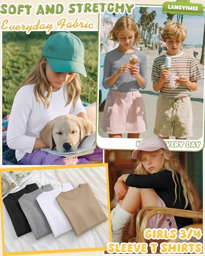 Image of 4 Pack Girls 3 /4 Sleeve T Shirts Kids Crewneck Elbow Sleeve Casual Tops Solid Basic Cute Teen Tees 5-14Y