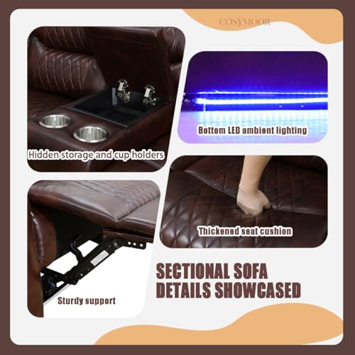 Image of Power Recliner Sectional Sofa with LED Light for Living Room, Dark Brown Leather Reclining Sofa Corner Sectional Couches Set, Cup Holder, Storage Console for Home Theater Seating