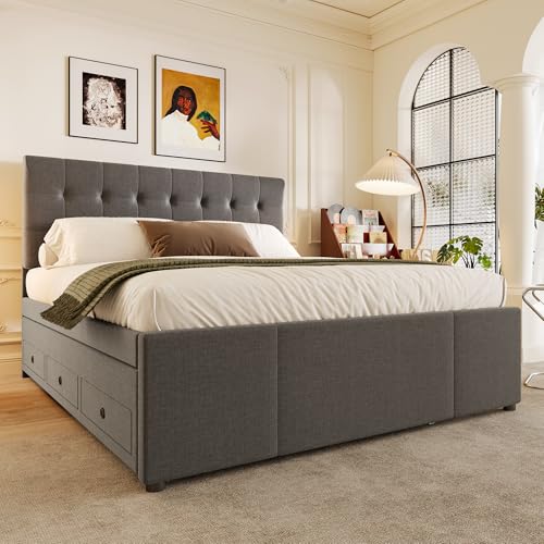 Kinderbett Polsterbett 140x200, Doppelbett Tagesbett mit Ausziehbett und 3 Stauraum Schublade,Schlafsofa Gästebett Sofabett Jugendbett mit Lattenrost,Verstellbares Kopfteil,Leinen,Grau,Ohne Matratze – Bild 5