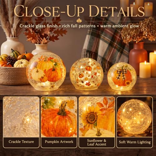 Image of Glooglitter 3 Pcs Fall Crackle Glass Ball Lights Fall Tabletop Decor Pumpkin Globe Lamp LED Sphere Night Light for Home Indoor Bedroom Autumn Party Table Decoration