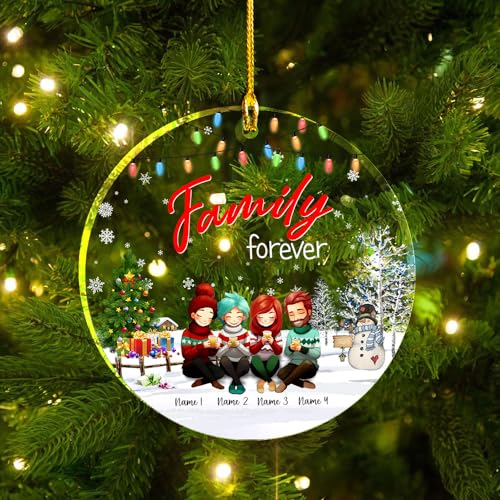 Forever Quote Clear Plastic Ornaments, Christmas Decorations Personalized Name Mom Dad Two Girls with Sweater and Chocolate Cup on Flat Acrylic Ornaments, Gifts for Family Mom Dad Daughter
