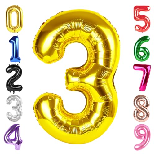Image of 40 Inch Gold Number 3 Balloon Birthday Party Decorations for Men & Women