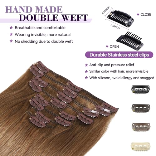 Image of Clip in Hair Extensions Real Human Hair 24 inch 120g /4.2oz Straight Seamless Invisible Human hair Extensions Clip ins for Women Double Weft 8pcs #6-Chestnut Brown