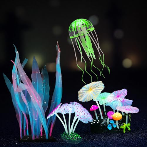 Zeiwysi 4-Pack Silicone Fluorescent Aquarium Plants & Decor - Realistic Jellyfish Mushrooms for All Fish Tanks Essential Decorations