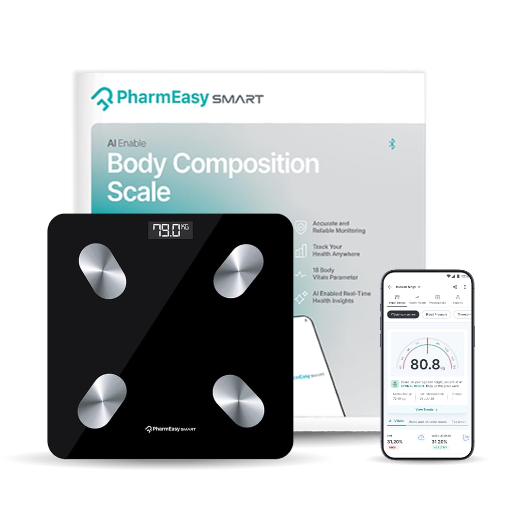 PharmEasy Smart Digital Weighing Scale for Body Weight with 18+ Health Paramaters | BMI Weight Machine for Home